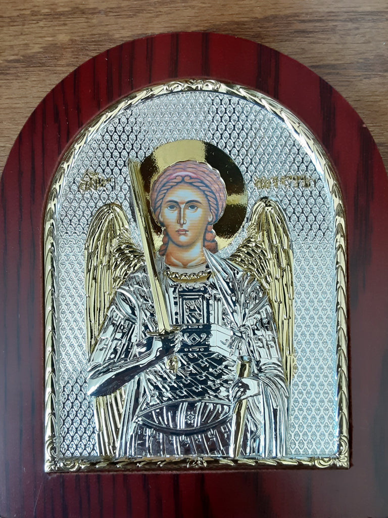 St. Micheal Wood Fram, Silver and Gold (7.5"X6")