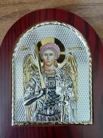 St. Micheal Wood Fram, Silver and Gold (7.5"X6")